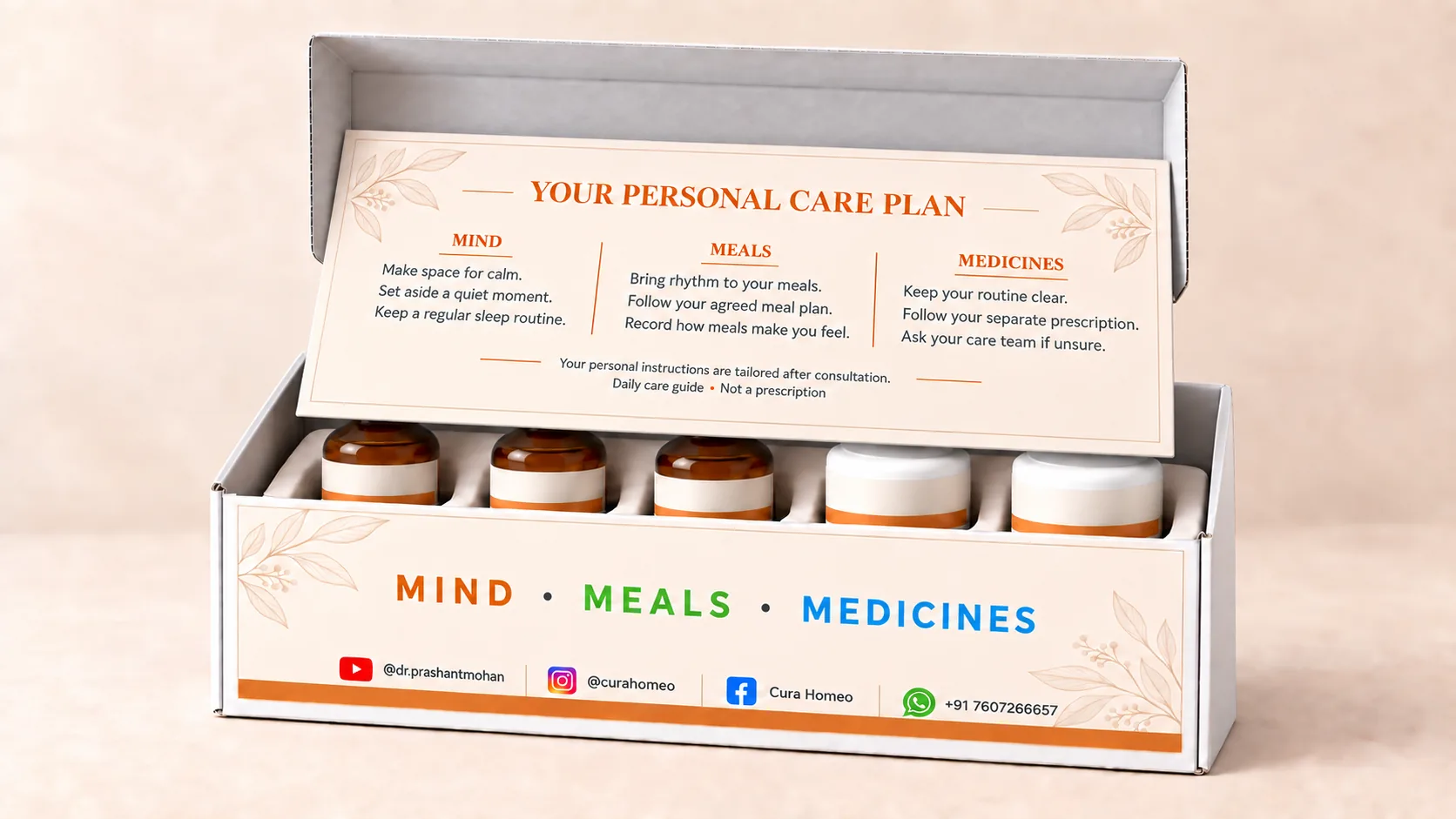 Open CuraBox revealing the personalised Mind, Meals and Medicines care plan