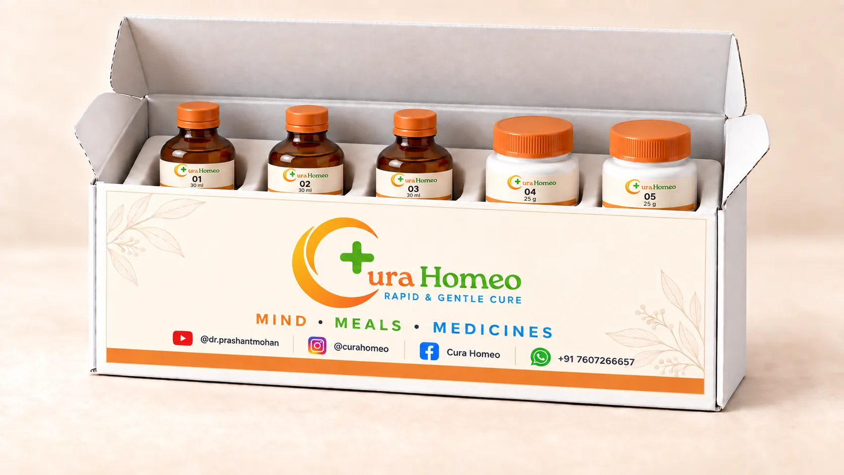 Open CuraBox with three amber medicine bottles and two white tablet containers